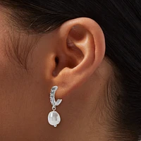 Silver-tone 10MM Pearl Crystal Huggie Hoop Earrings