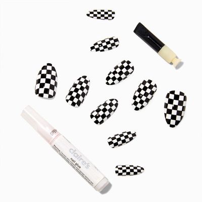 Black & White Checkered Stiletto Vegan Faux Nail Set (24 pack)