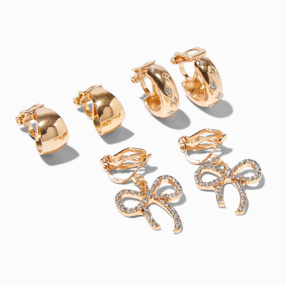 Gold-tone Crystal Bow Clip-On Earrings - 3 Pack