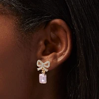Gold-tone Pink Crystal Bow 1" Clip-On Drop Earrings
