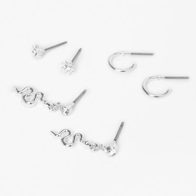 Silver Snake & Hoop Stud Earrings - 3 Pack