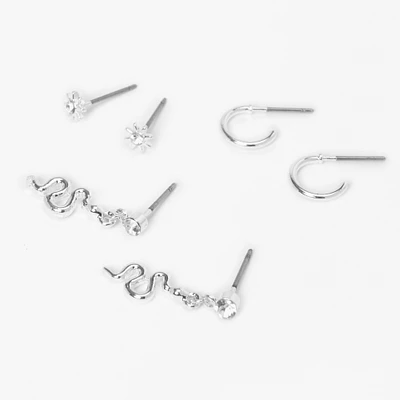 Silver Snake & Hoop Stud Earrings - 3 Pack