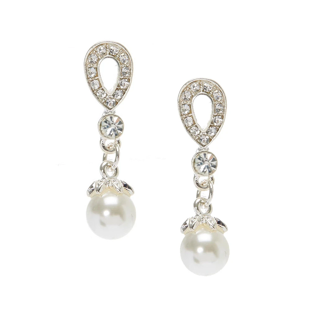 Silver-tone Crystal Teardrop Pearl 1" Drop Earrings