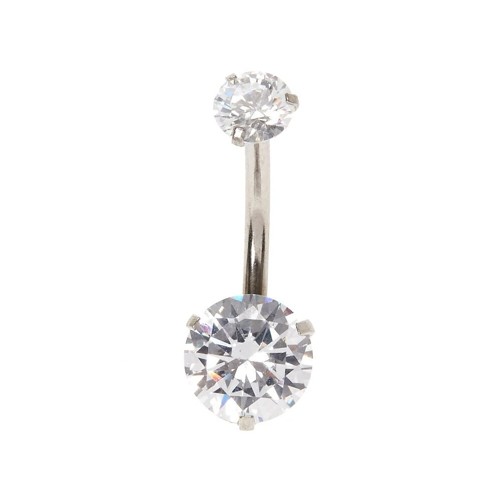 Silver-tone Stainless Steel Round Cubic Zirconia 14G Belly Bar