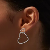 Silver-tone Double Heart Outline 2" Drop Earrings