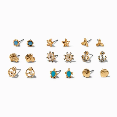 Gold-tone Nautical Stud Earrings - 9 Pack