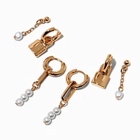 Gold-tone Lock & Pearl Earring Stackables Set - 3 Pack