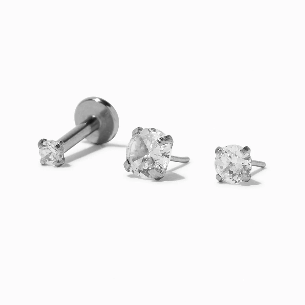 Cubic Zirconia Tragus Threadless Stud Earrings - 3 Pack