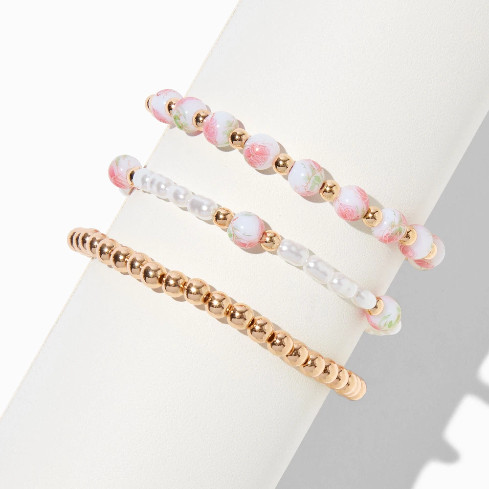 Pink Rose Beaded Stretch Bracelets - 3 Pack