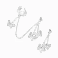 Silver Butterfly Cuff Connector Drop Earrings