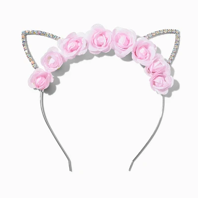 Pink Flower Iridescent Crystal Cat Ears Headband