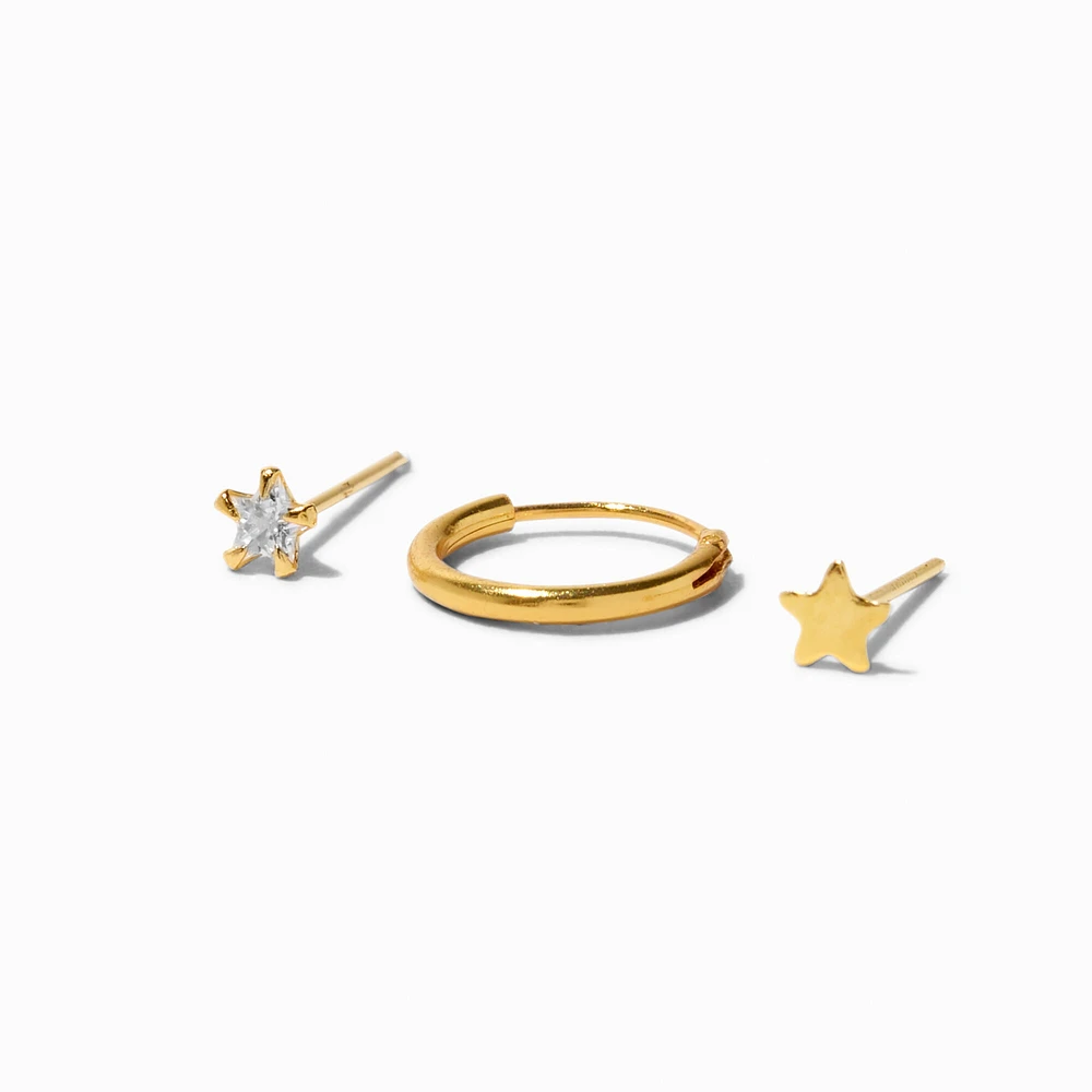 Gold Sterling Silver Cubic Zirconia 22G Star Stud & Hoop Nose Rings - 3 Pack