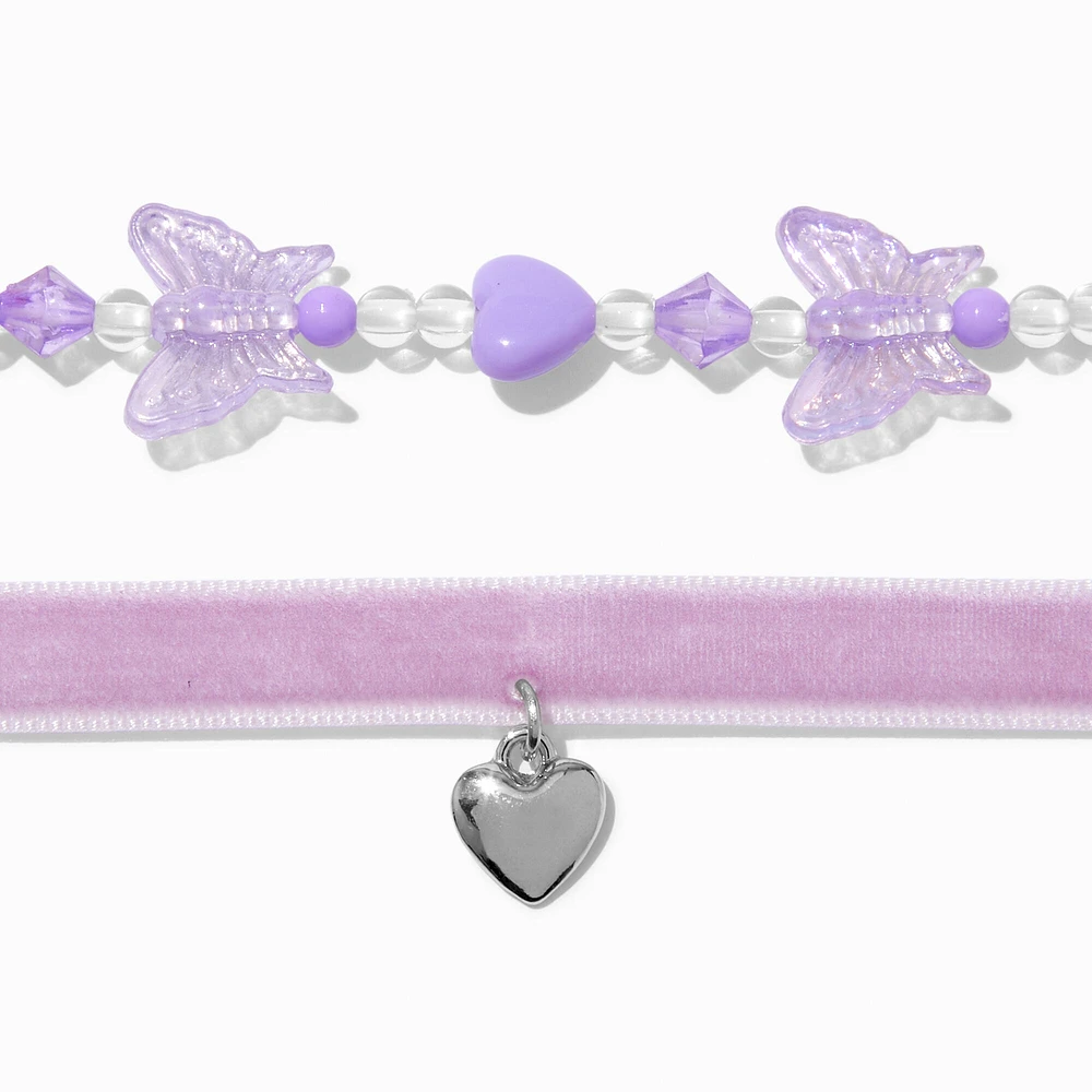 Purple Velvet Butterfly Beaded Choker Necklaces - 2 Pack