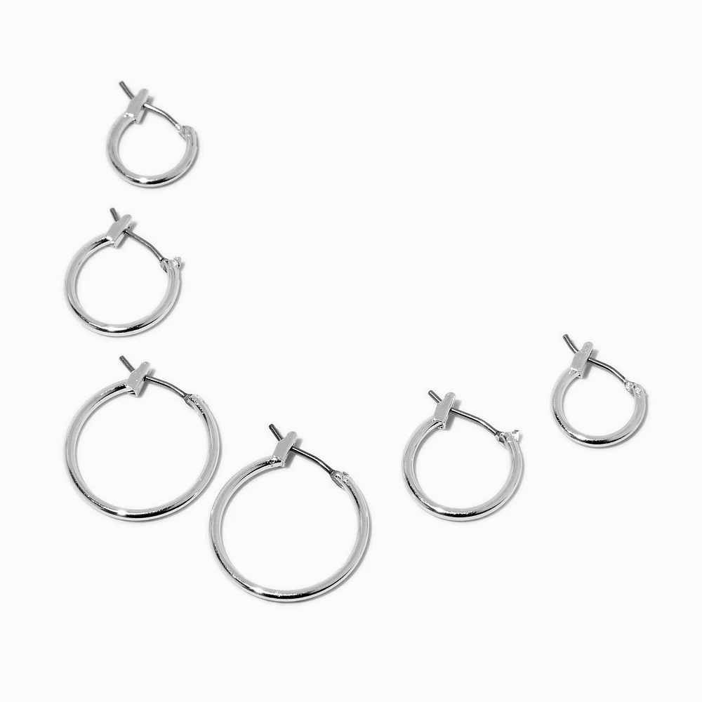 Silver-tone Graduated Hoop Earring Stackables Set - 3 Pack