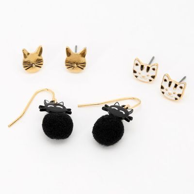 Gold Cat Pom Pom Mixed Earrings Set - 3 Pack