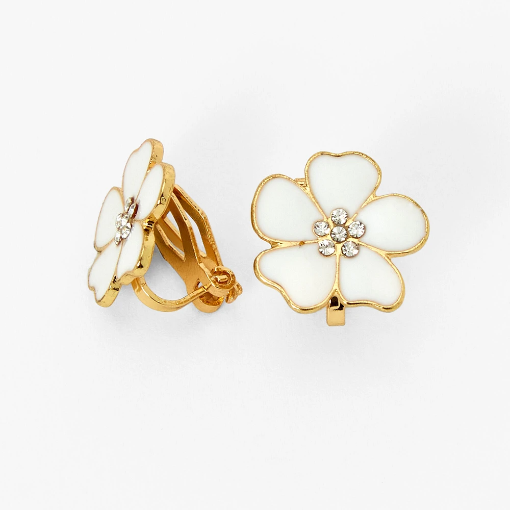 Embellished White Flower Clip-On Earrings