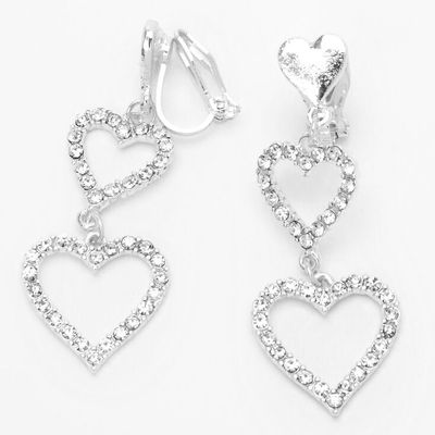 Silver 1.5" Triple Heart Clip On Drop Earrings