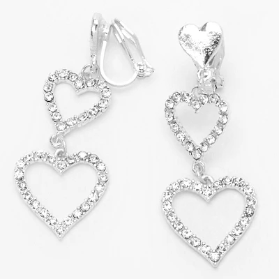 Silver 1.5" Triple Heart Clip On Drop Earrings