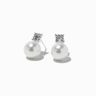 Silver-tone Crystal Pearl Stud Earrings
