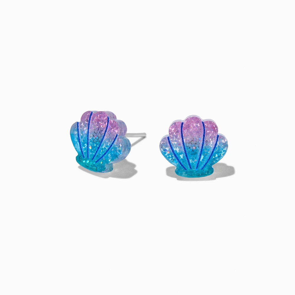 Purple Glitter Seashell Stud Earrings