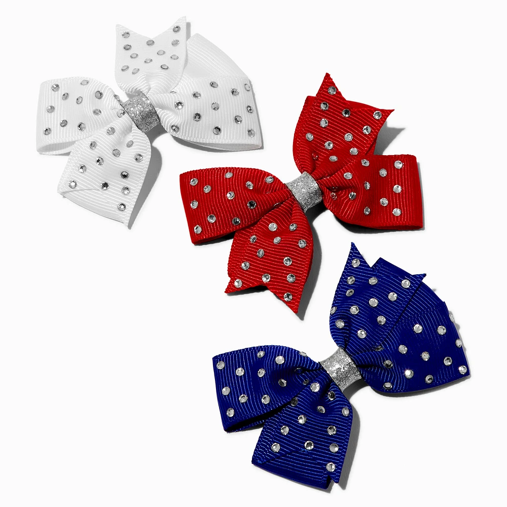 Red, White, & Blue Gemstone Hair Bow Clips - 3 Pack