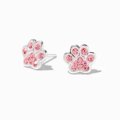 Sterling Silver Crystal Pink Paws Stud Earrings