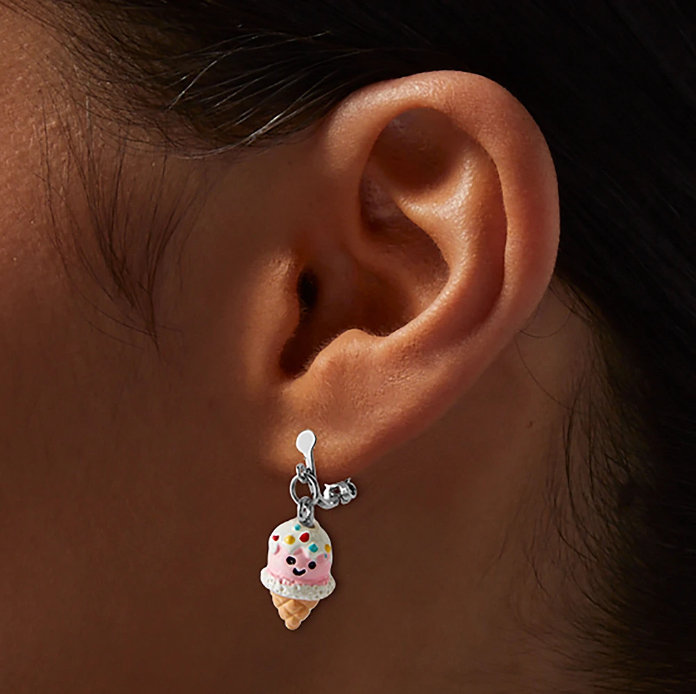 Happy Face Ice Cream Cone Clip-On Drop Earrings