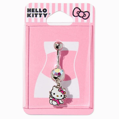 Hello Kitty® Silver-tone Stainless Steel Iridescent Crystal Charm 14G Belly Bar