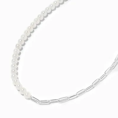 C LUXE by Claire's Sterling Silver Plated Paperclip & Pearl Necklace