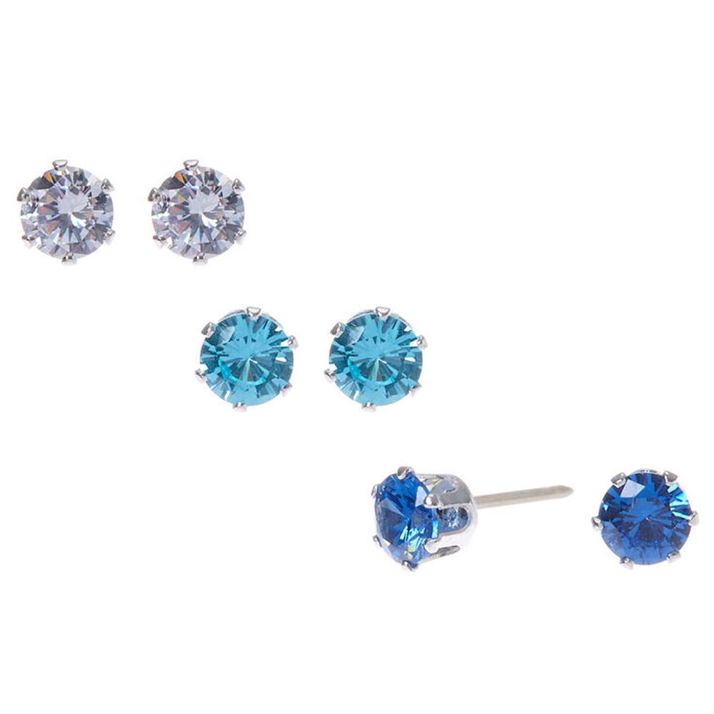 Silver Cubic Zirconia 5MM Round Stud Earrings - Blue, 3 Pack
