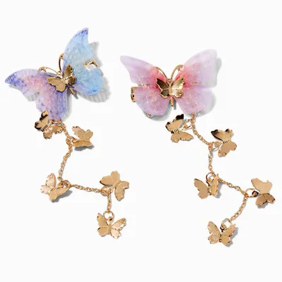 Gold-tone Pastel Butterfly Dangle Hair Clips - 2 Pack