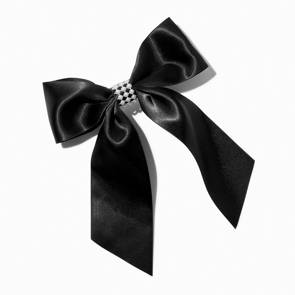 Black Satin Pearl Center Hair Bow Clip