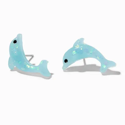 Blue Glitter Dolphin Stud Earrings
