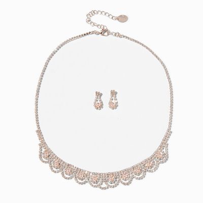 Rose Gold Rhinestone Scalloped Necklace & Earrings Set (2 Pack)