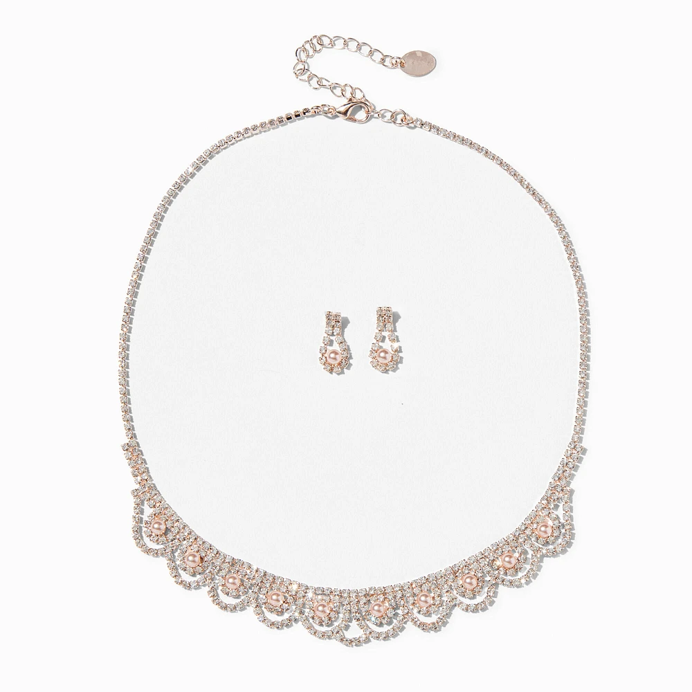 Rose Gold Rhinestone Scalloped Necklace & Earrings Set - 2 Pack