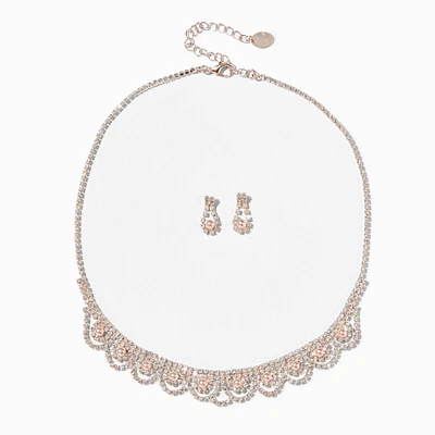 Rose Gold Rhinestone Scalloped Necklace & Earrings Set - 2 Pack
