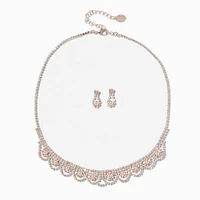 Rose Gold Rhinestone Scalloped Necklace & Earrings Set - 2 Pack