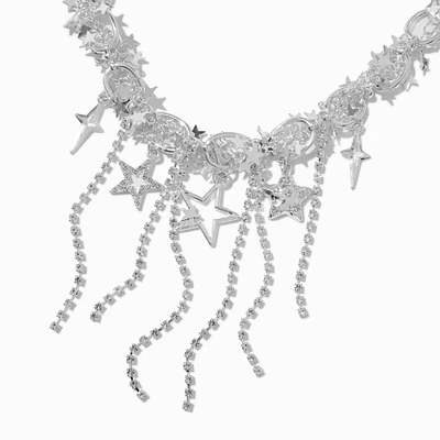 Silver-tone Star Chain Fringe Statement Necklace