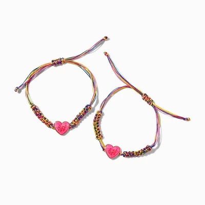 Best Friends Rainbow Braided Heart Adjustable Bracelets - 2 Pack