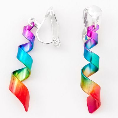 Silver 1" Rainbow Spiral Clip On Drop Earrings