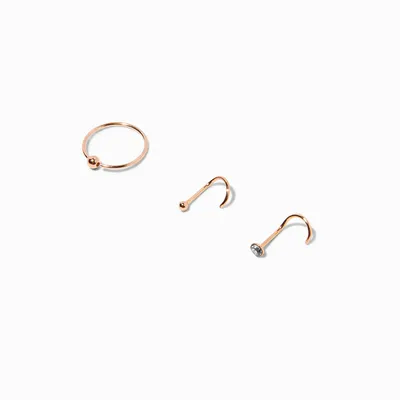 Sterling Silver 22G Rose Gold Nose Studs & Rings - 3 Pack