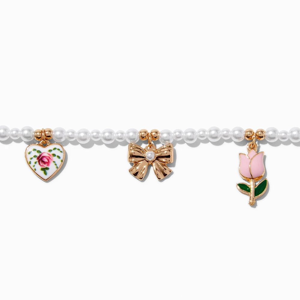 Floral & Bow Charm Pearl Choker Necklace