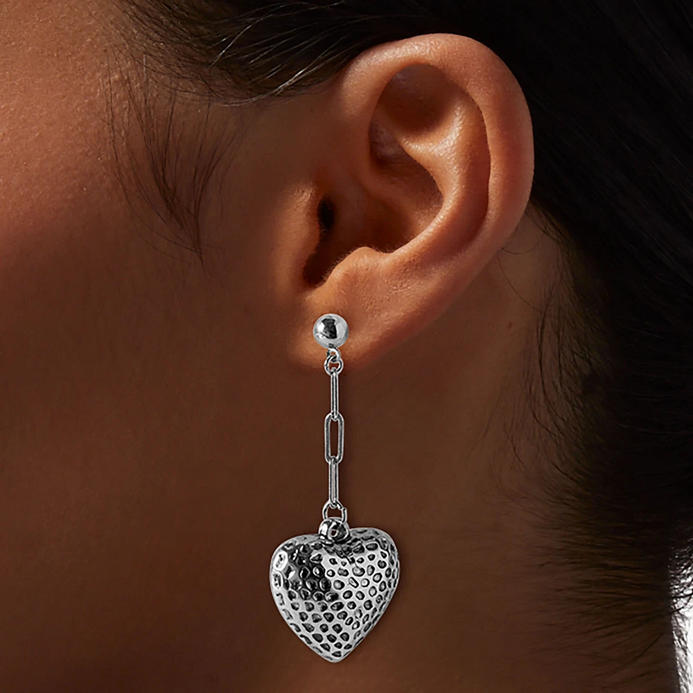 Hematite Crater Heart Chain Drop Earrings