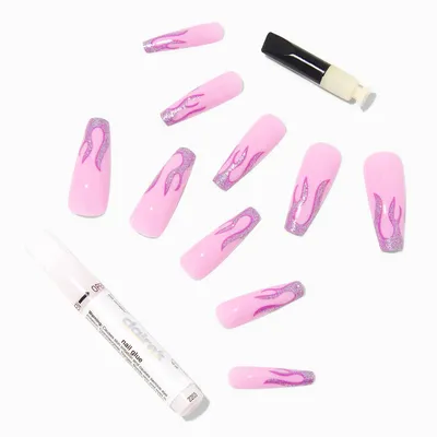 Pink Flame Tip Squareletto Vegan Faux Nail Set - 24 Pack