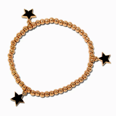 Black Enamel Star & Gold-tone Beaded Stretch Bracelet