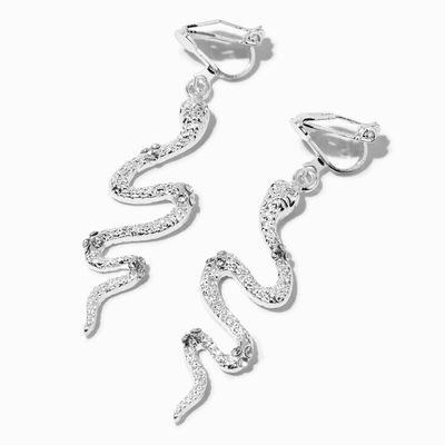 Silver 2" Embellished Snake Clip-On Drop Earrings