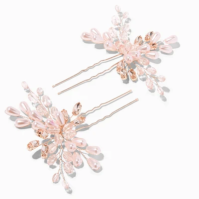 Rose Gold Crystal Spray Floral Hair Pins - 2 Pack