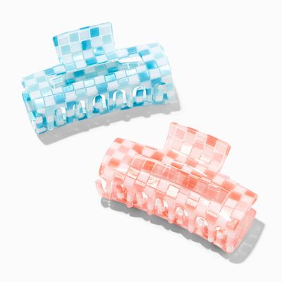 Blue & Pink Checkered Rectangle Hair Claws - 2 Pack