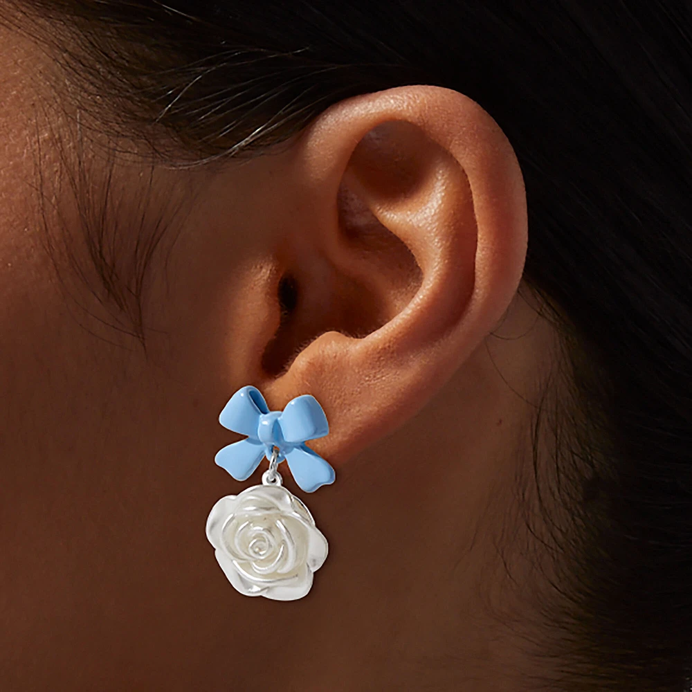 Blue Bow White Carved Rose Drop Earrings