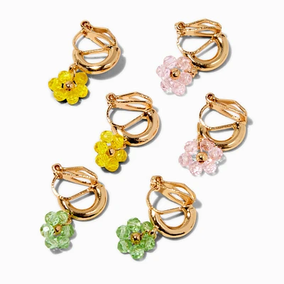 Gold-tone Beaded Flowers Clip-On Hoop Earrings - 3 Pack